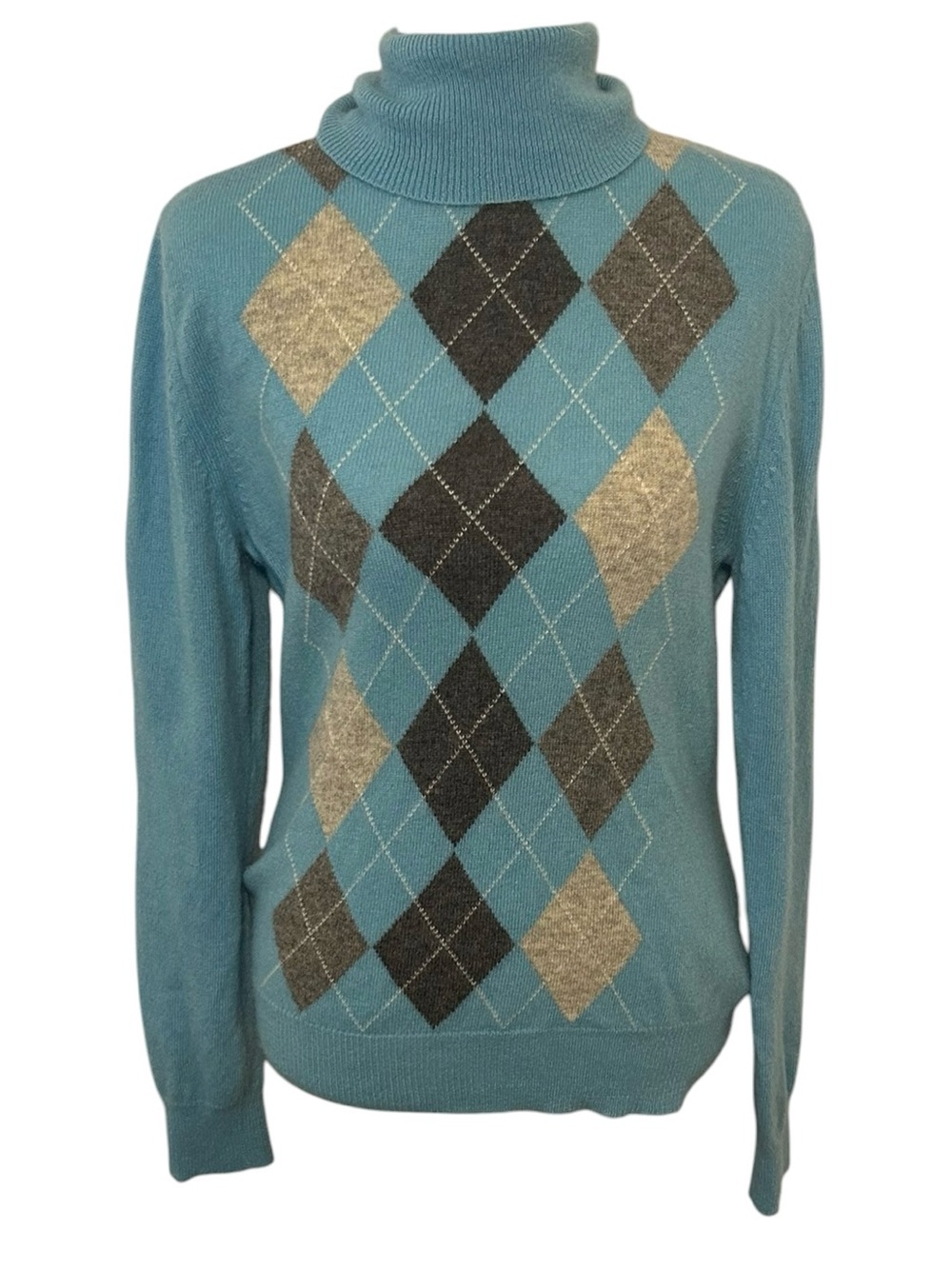 Apt. 9 100% Cashmere Blue Gray White Argyle Turtleneck Sweater Sz L